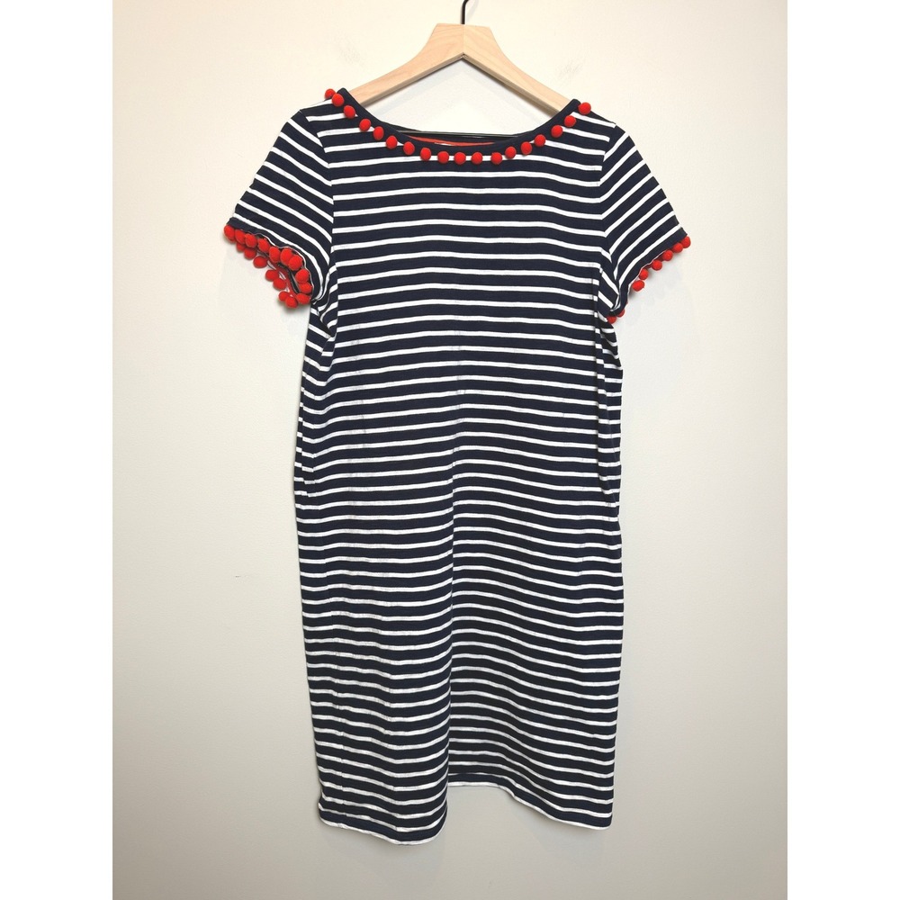 Boden Navy White Red 100% Cotton Pom Pom Trim T-Shirt Shift Dress 10 L Nautical